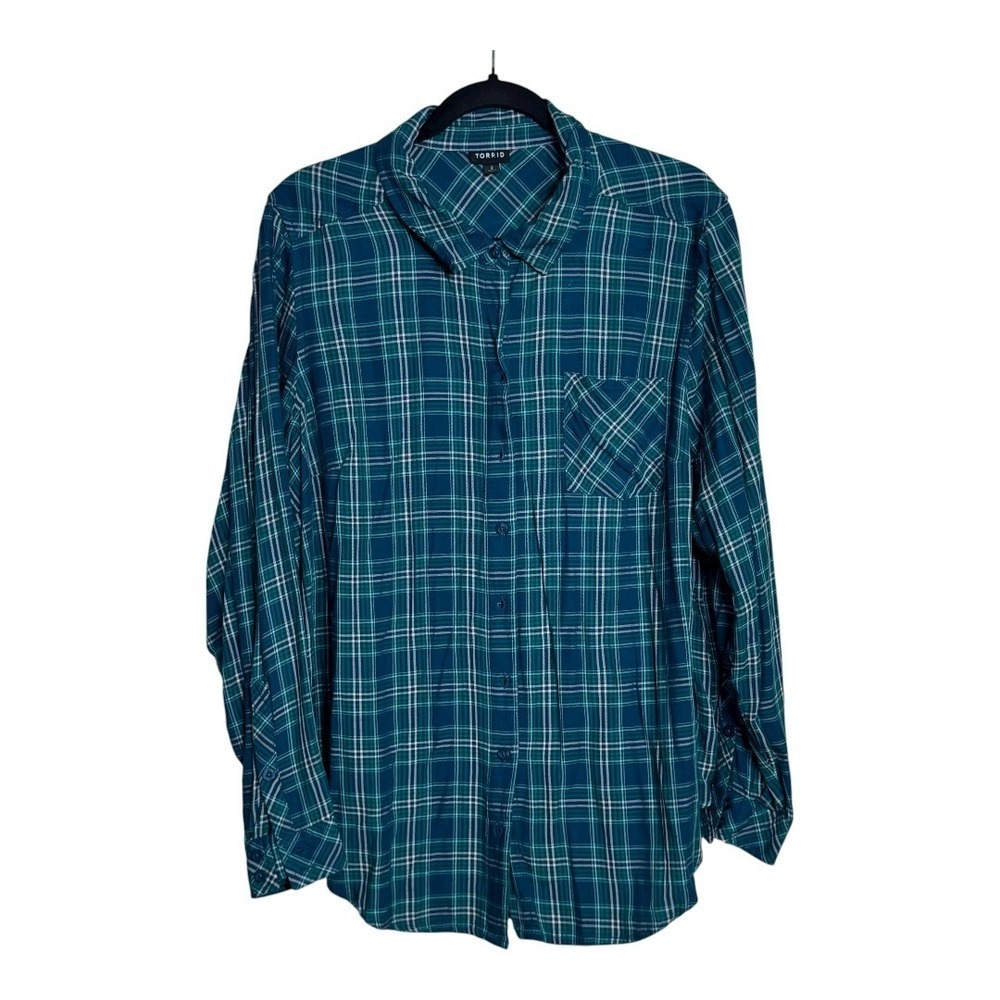 Torrid Plaid Button Down Shirt Womens Size 2 18-20Long Sleeve Green Rayon